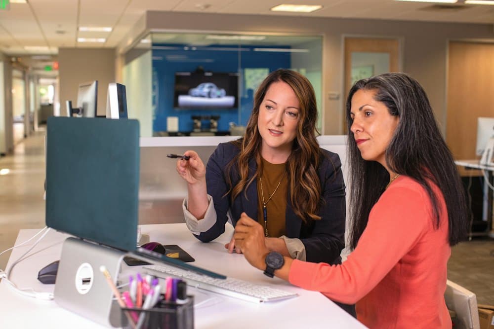 Two colleagues reviewing work together at a computer